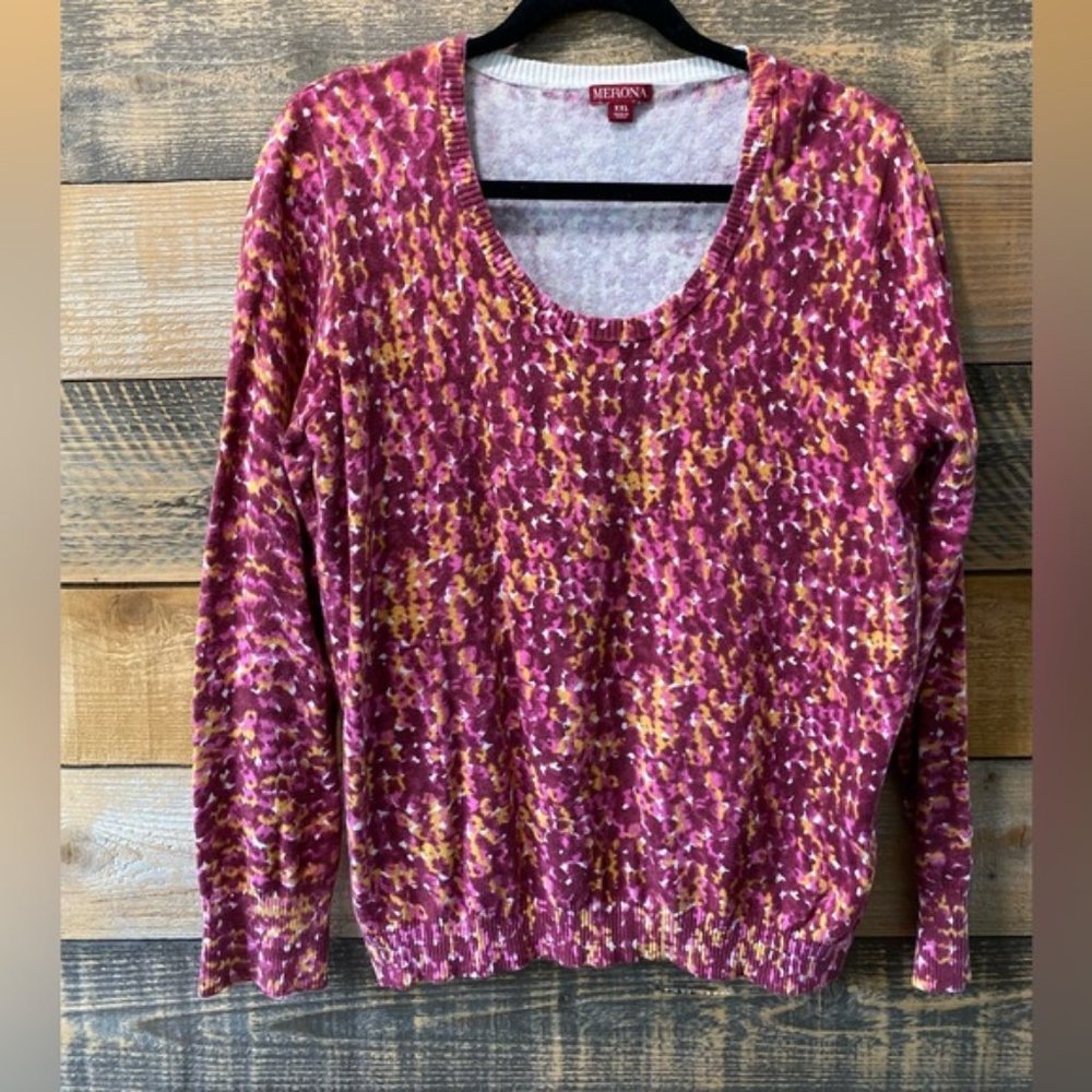 Merona Round Neck Sweater Maroon Yellow Print Soft Ribbed Hemming Size XXL